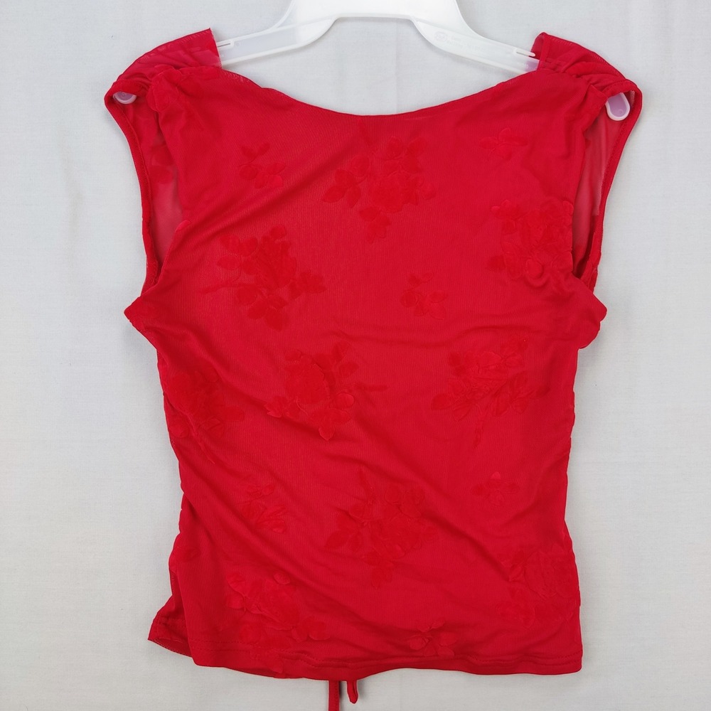 SHEIN Top Womens S Red Floral‎ Burnout Mesh Open Back Tie Sleeveless Blouse